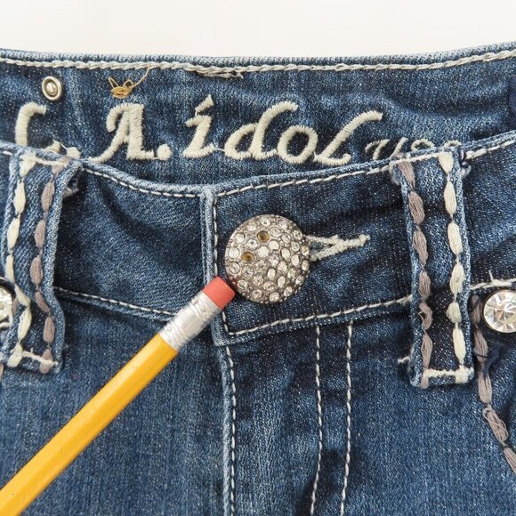 LA Idol Junior 5 Bootcut Boot Dark Whiskered Rhinestone Jeans Denim Low Rise - Picture 4 of 14